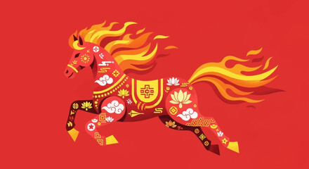 Decorative Chinese Zodiac Horse with Flames and Auspicious Symbols Illustration