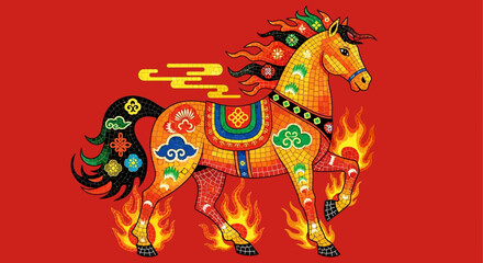 Ornate Mosaic Style Horse with Flames for Lunar New Year Celebration