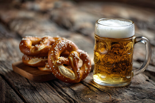 Oktoberfest food menu, bavarian pretzels with beer bottle mug on old rustic wooden background, copy space above