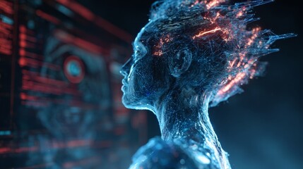Futuristic ai avatar customization interface featuring glowing holograms and a neon background