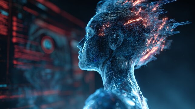 Futuristic ai avatar customization interface featuring glowing holograms and a neon background