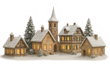 Christmas village model with glowing houses and snowy trees, celebrating winter holidays and traditions