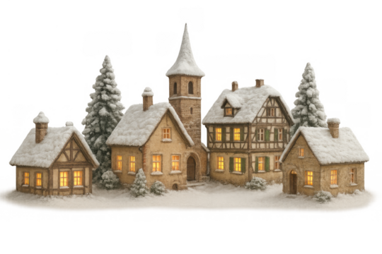 Christmas village model with glowing houses and snowy trees, celebrating winter holidays and traditions