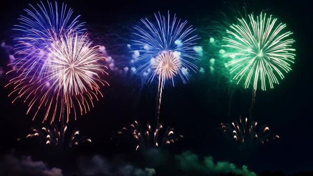 Vibrant fireworks exploding night sky celebration