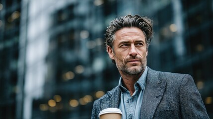 Man urban lifestyle professional businessman with coffee standing near glass skyscraper modern city background sharp suit confident expression cinematic composition