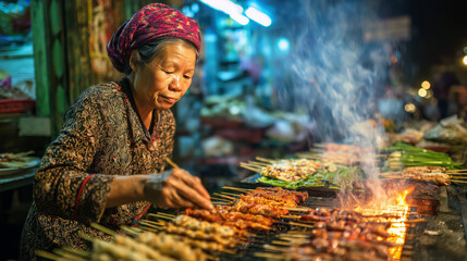 Cambodian woman grilling food at night market with smoke and warm light, representing hardworking lifestyle and culinary culture concept