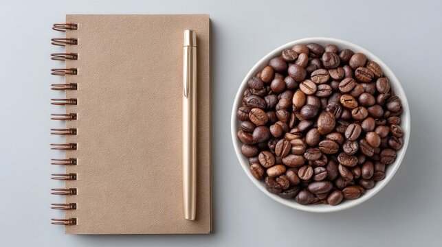 Styled Flat Lay of Coffee Beans in White Bowl Next to Rose Gold Glitter Notebook and Gold Pen on Light Gray Background