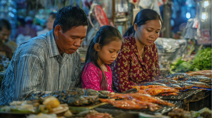 Cambodian family eating grilled food together at a street market, showing unity and warmth in daily local lifestyle concept