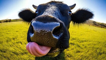A curious black cow with its tongue out, captured in a close-up wide-angle shot.