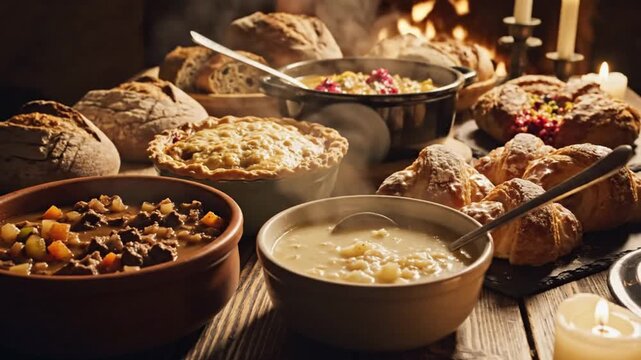 Warmly lit table setting with assorted breads and bowls of food.