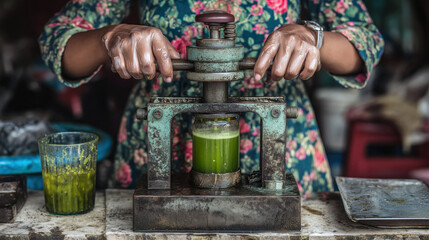 Close-up of Cambodian vendor preparing sugarcane juice with machine at a busy local market, showing craftsmanship and daily work concept