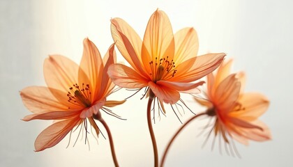 Obraz premium Three orange translucent flower blossoms on bright background. Floral arrangement with delicate petals. Calm botanical composition with soft light in gentle tone. Studio shot of abstract spring