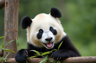 Fototapeta premium Close up portrait of adorable panda bear. Fluffy animal with black and white fur eats bamboo leaves. Cute Fu Bao panda poses in natural habitat at reserve.