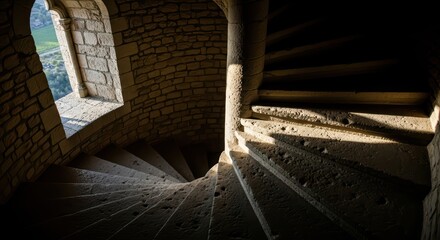Sunlit stone spiral staircase with arched windows in historic tower