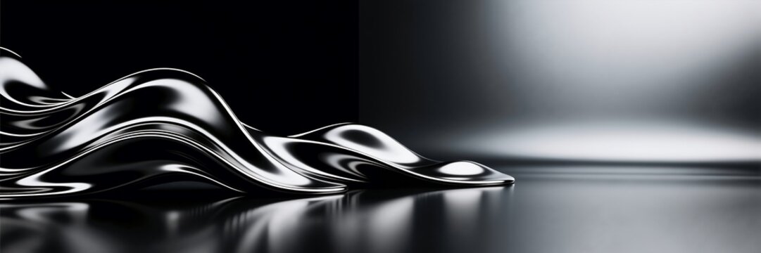 Abstract background with a flowing liquid metal wave. Elegant polished chrome shape on a dark reflective surface. Modern futuristic banner design