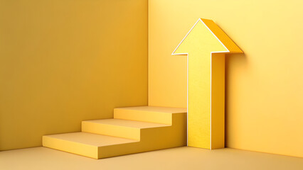 Minimal 3D Yellow Upward Arrow — Growth, Success, and Business Progress Concept on Clean Background
