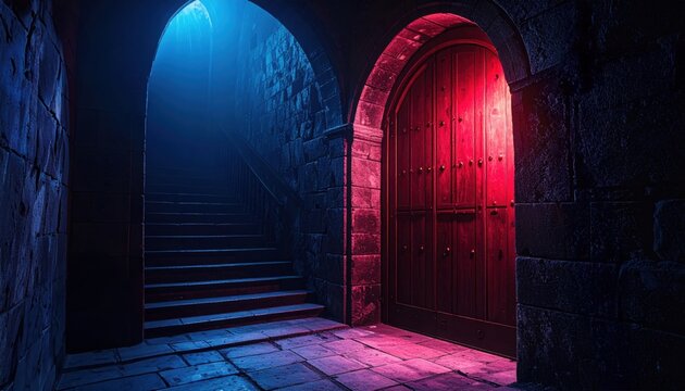 A mysterious arched corridor with a glowing red door suggests secret chambers, fantasy quests, or hidden portals within ancient castles or dungeons - Powered by Adobe