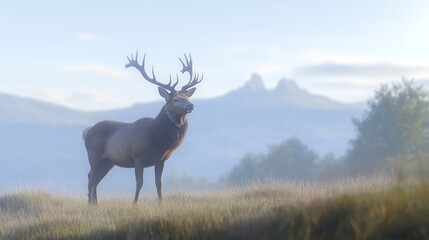 Big deer animal stand on hill landscape illustration wallpaper.