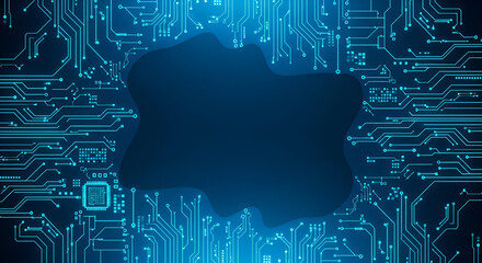 Abstract Blue Circuit Board Background with Central Void