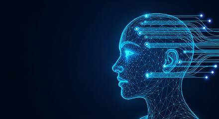 Wireframe Human Head with Digital Data Streams artificial intelligence