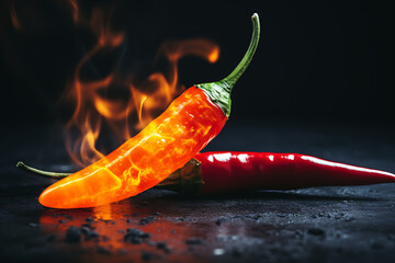 Hot red chili pepper surrounded by bright flame, concept of intense heat and spice, fiery visual composition on dark background for creative artwork.