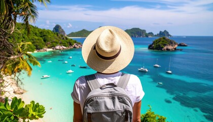 Traveler overlooking a tropical island bay with turquoise waters, symbolizing wanderlust, summer escape, and nature-filled getaways