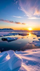 Breathtaking nature landscape views of a calm sunset and sunrise over the sea and mountains, featuring vibrant sky reflection on the water