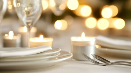 Elegant place setting featuring fine tableware and candles for a even.