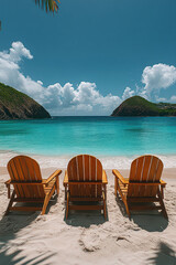Photography of beach chairs set on the sand at a beautiful beach in a resort area.