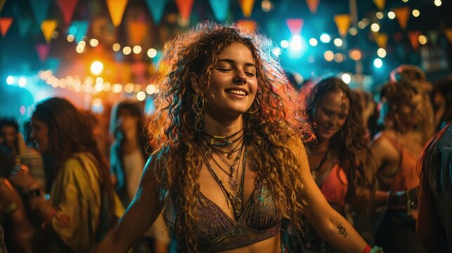 Teenager Urban Lifestyle Teens dancing at urban street festival colorful lights trendy outfits energetic crowd city nightlife joyful expressions - Powered by Adobe