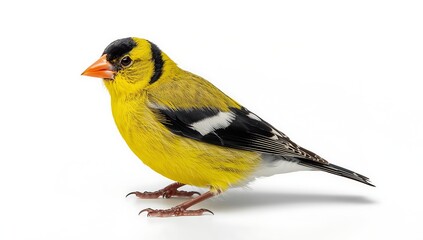 Obraz premium Bright yellow bird with black markings and orange beak on white background