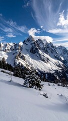 Alpine ski landscape panorama: high, white, snow-covered mountain peaks under a winter sky