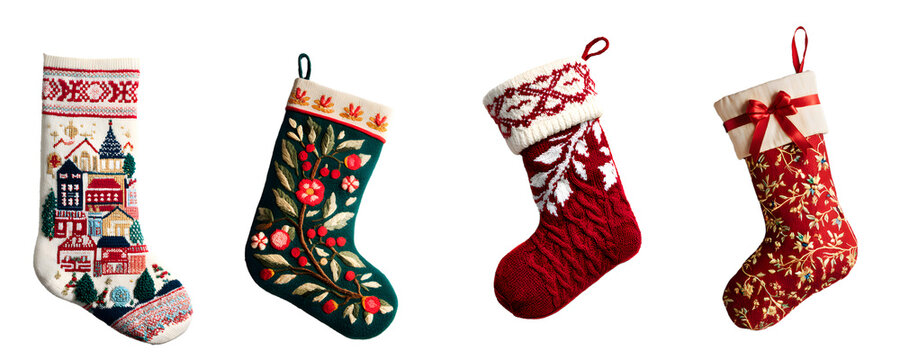 christmas stockings set isolated on white background, decorative knitted socks cut out transparent png