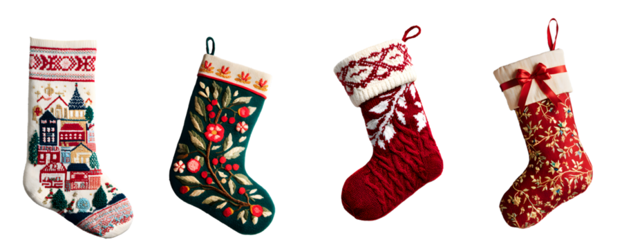 christmas stockings set isolated on white background, decorative knitted socks cut out transparent png - Powered by Adobe