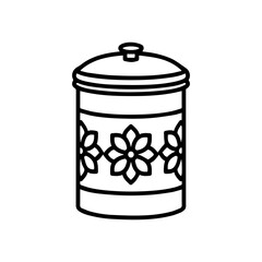 Black and white floral jar silhouette with lid and decorative flower pattern. Perfect for kitchen labels, vintage containers, storage design, or minimalist home decor icons.
