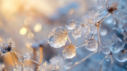 Winter season, transparent glass is engulfed in fog and water drops ice freeze in meadow grassland bokeh light.