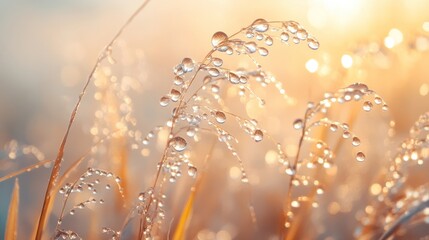 Winter season, transparent glass is engulfed in fog and water drops ice freeze in meadow grassland bokeh light.