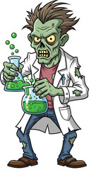 Cartoon zombie scientist with beakers, horror lab character, green bubbling experiment, Halloween science illustration, undead chemistry concept, spooky funny monster