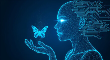 Digital Woman's Head Holding a Wireframe Butterfly