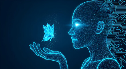 Digital Woman Holding a Glowing Geometric Butterfly