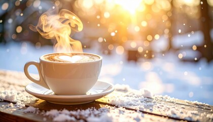 Fototapeta premium Closeup cup of hot coffee with heart steam under winter sun, symbol of love and comfort during festive season, mood for romantic escape, valentine or cozy christmas holiday