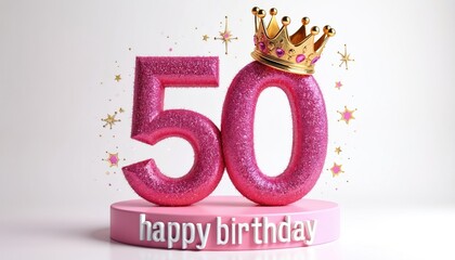 Glamorous pink number 50 with golden crown celebrates milestone birthday. Festive stars glitter on plain background. Happy 50th birthday graphic element for special occasions and party invitations.