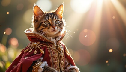 cat in historical costume concept. Regal Cat Ornate Royal Costume with Golden Background