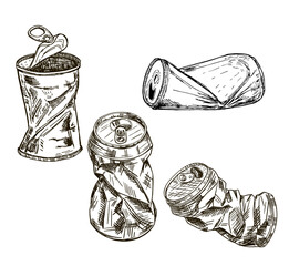 The crumpled soda or beer can sketch. Crushed tin cans. Set. Hand drawn
