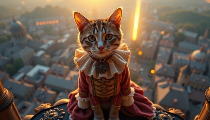 Obraz premium cat in historical costume concept. Regal Cat Historical Attire Over City Sunset