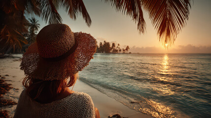Photography of a beautiful woman enjoying the view and walking on a beautiful beach in a resort area during her holiday vacation.