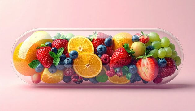 Creative concept of vitamin capsule filled with fruits symbolizing health nutrition wellness immunity and natural lifestyle trend in surreal visual form