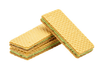 Isolated wafer stack cookies with green cream filling snack food dessert sweet biscuit baked
