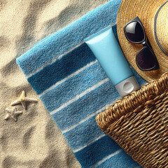Close up photography of a hat, sunglasses and other beach accessories on a towel on the sand of a beautiful beach.