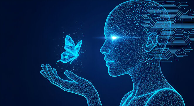 Futuristic AI human head with glowing butterfly artificial intelligence
